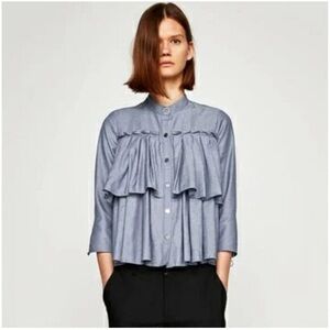 Zara- Light Blue Western Style Ruffled Blouse Size M‎